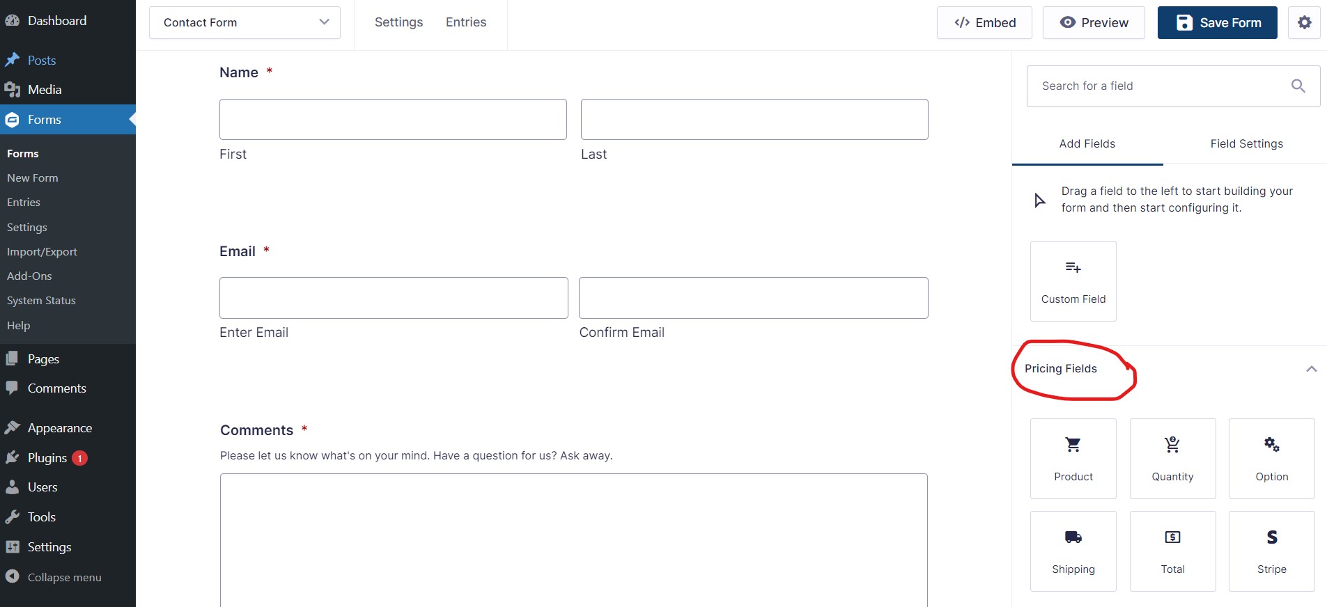 Gravity forms pricing fields