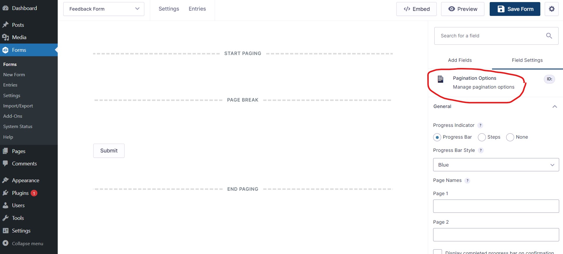 Gravity forms manage different pages