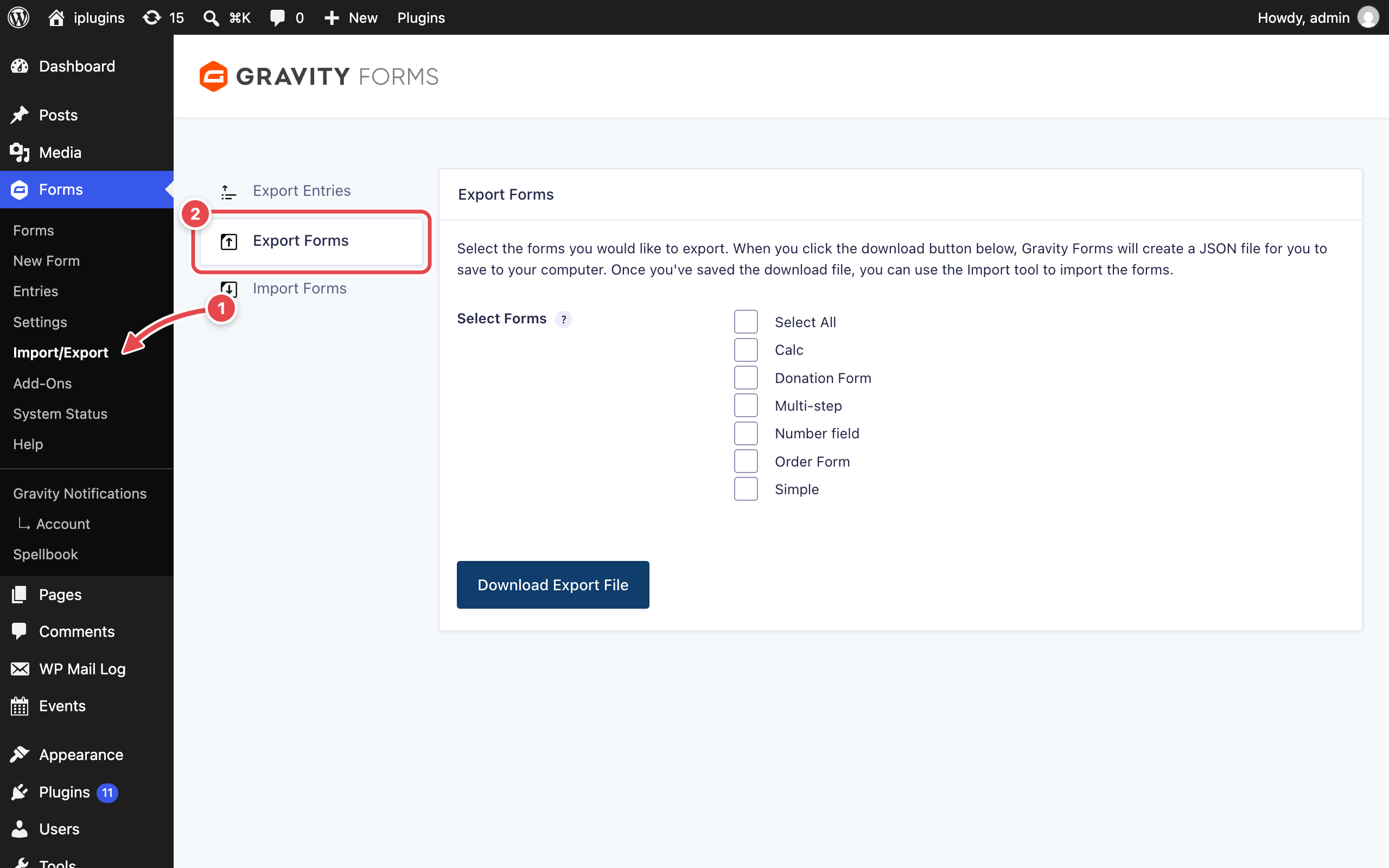 The Gravity Forms Import/Export screen, with the Import/Export menu item and the Export Forms tab highlighted