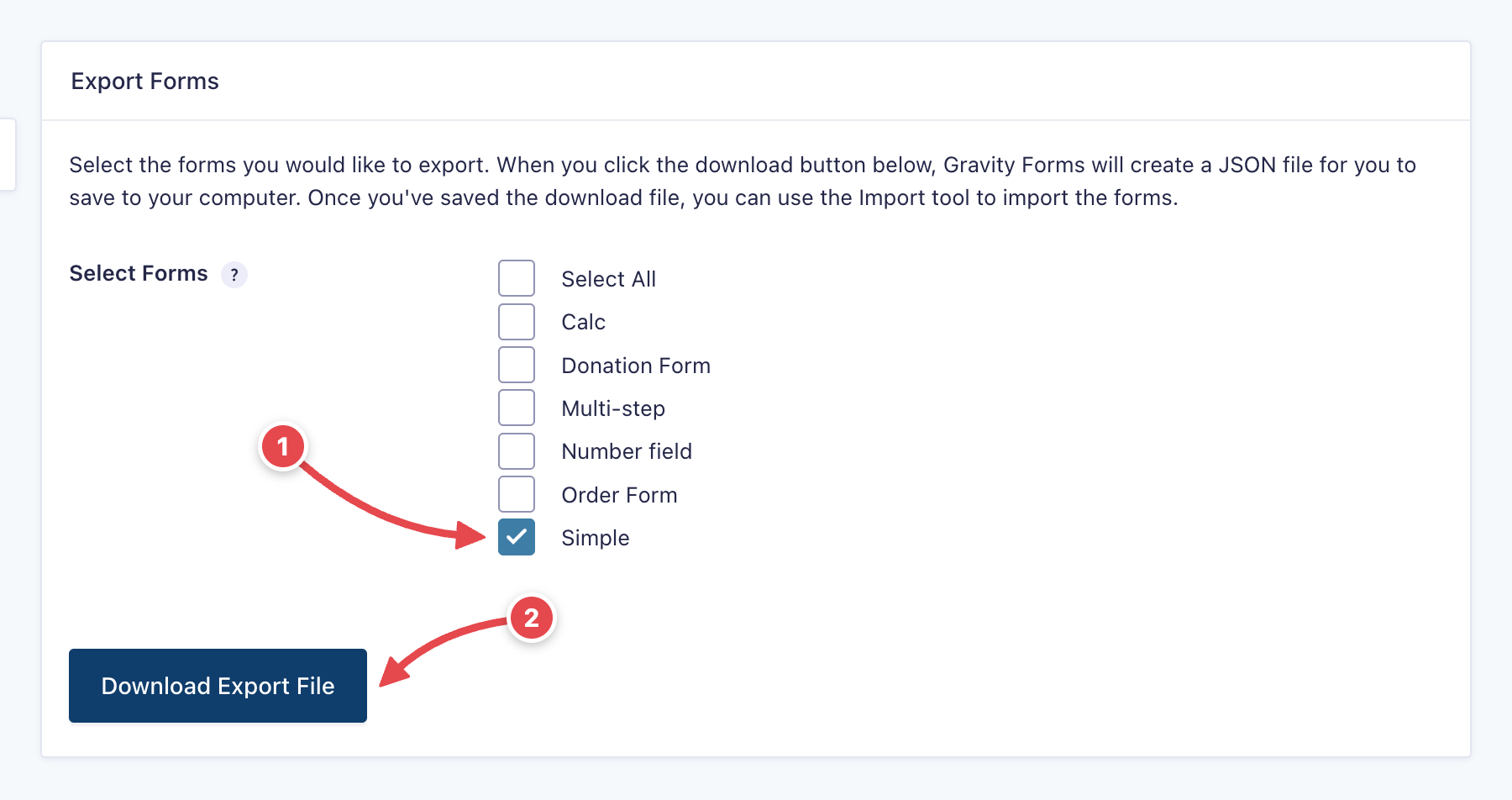 The Export Forms panel with the 